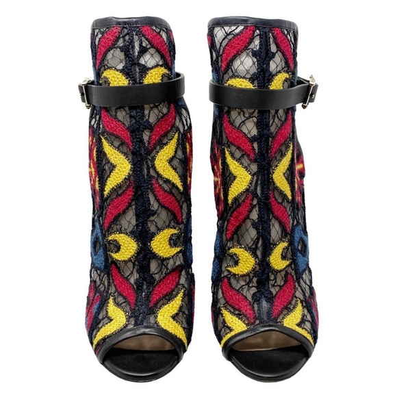 Valentino Embroidered Multicolor Rockstud Peep Toe Ankle Boots - Picture 3 of 7